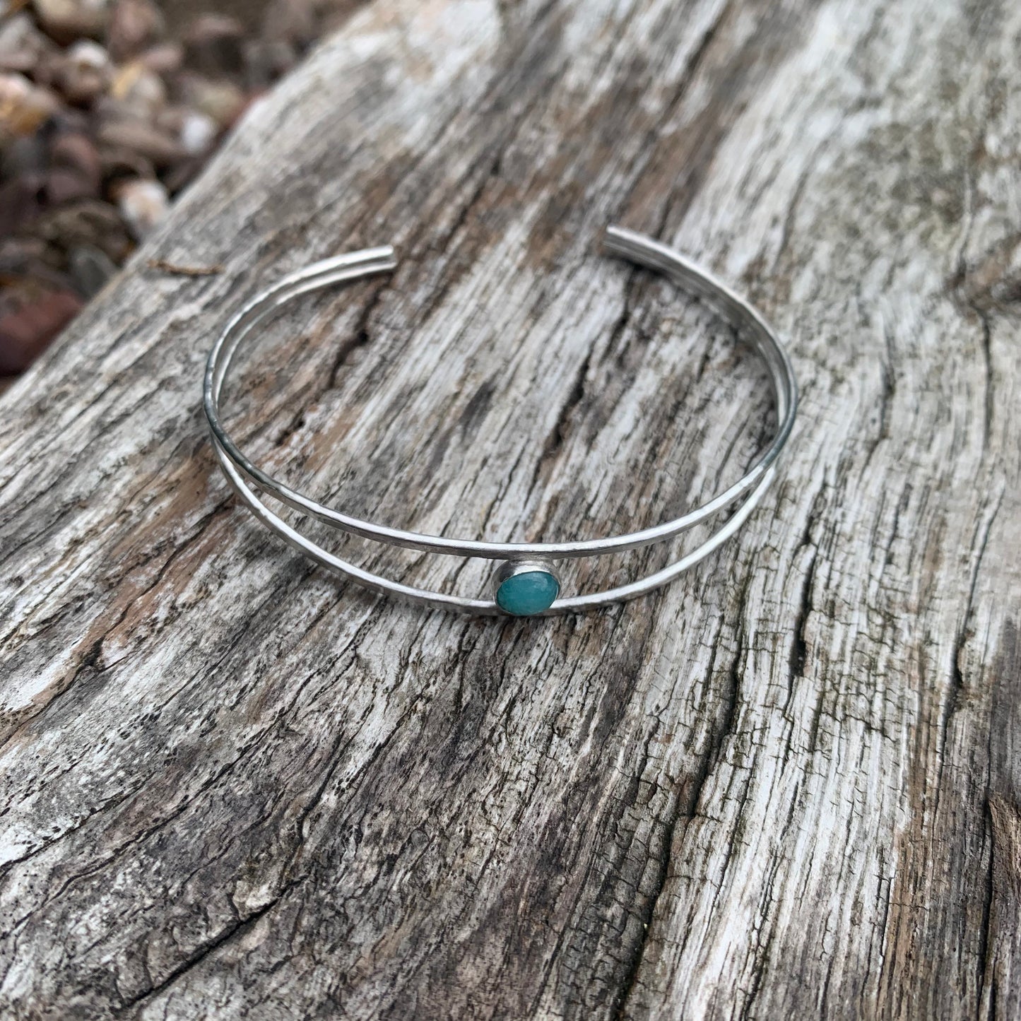 Handmade Gemstone textured sterling silver cuff bangle