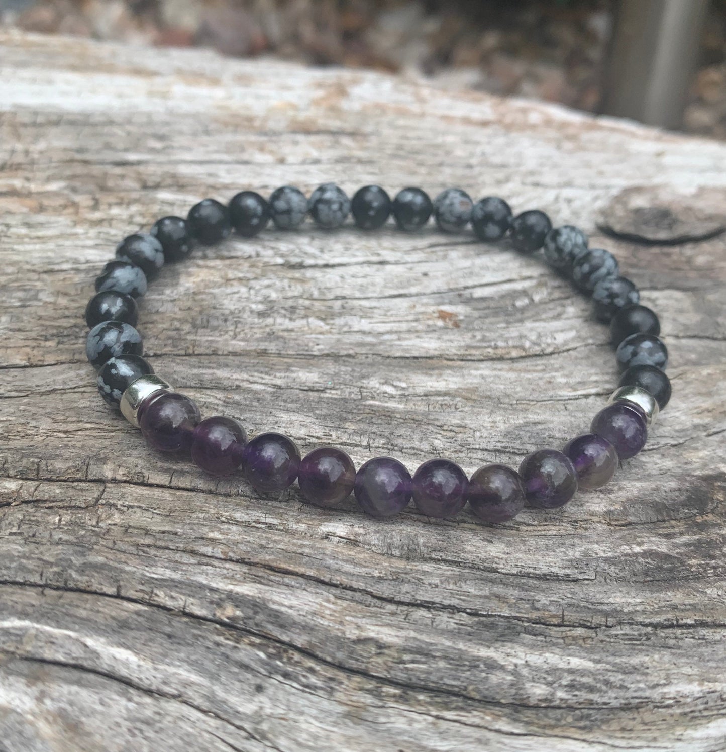 Unisex amethyst and snowflake obsidian beaded bracelet
