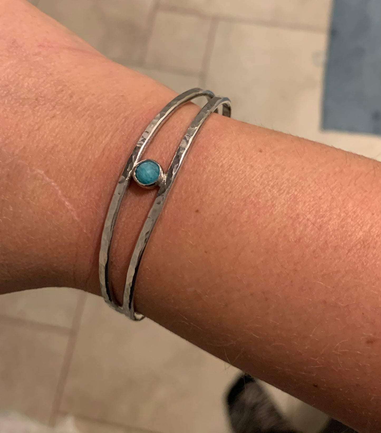 Handmade Gemstone textured sterling silver cuff bangle