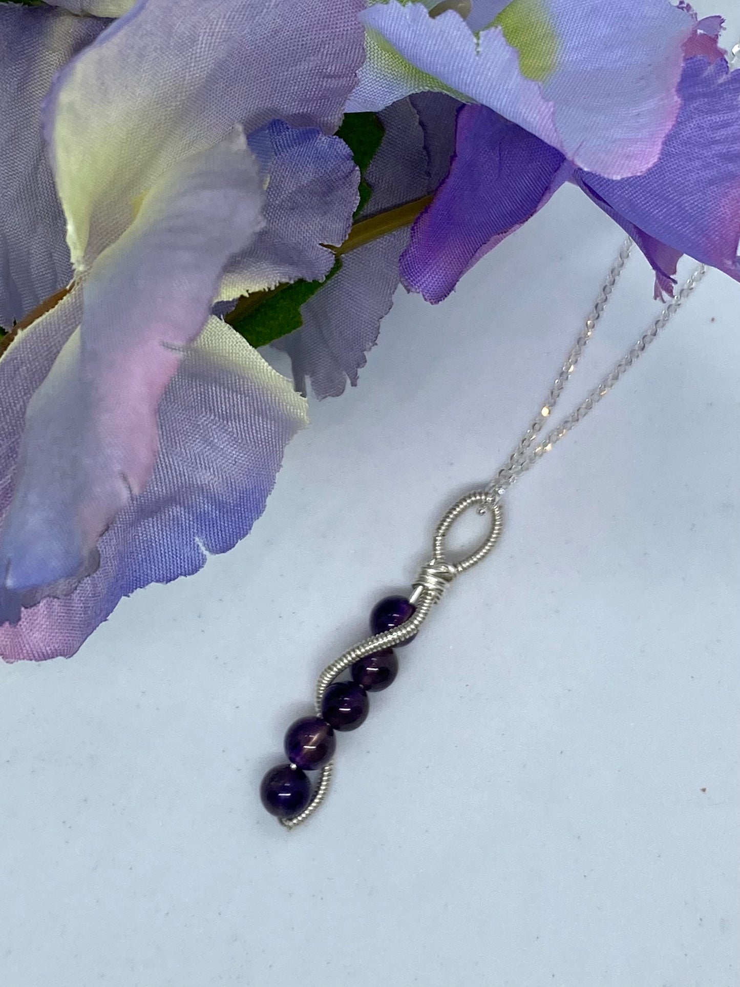 Sterling silver wire wrapped amethyst necklace and earring set