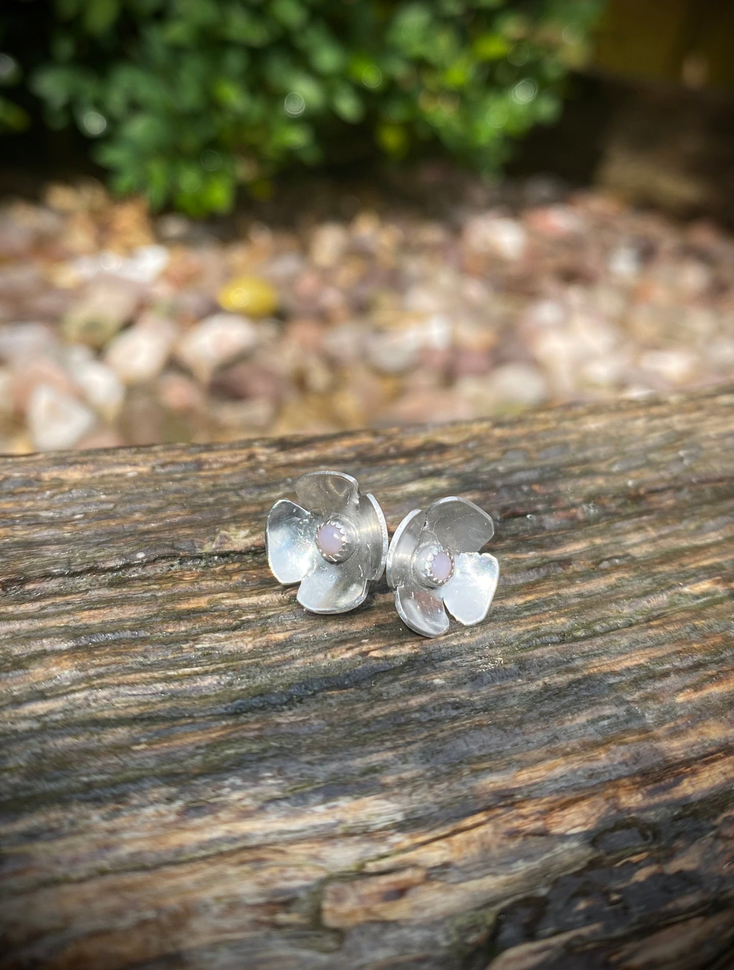 Pink Opal and Sterling silver flower studs