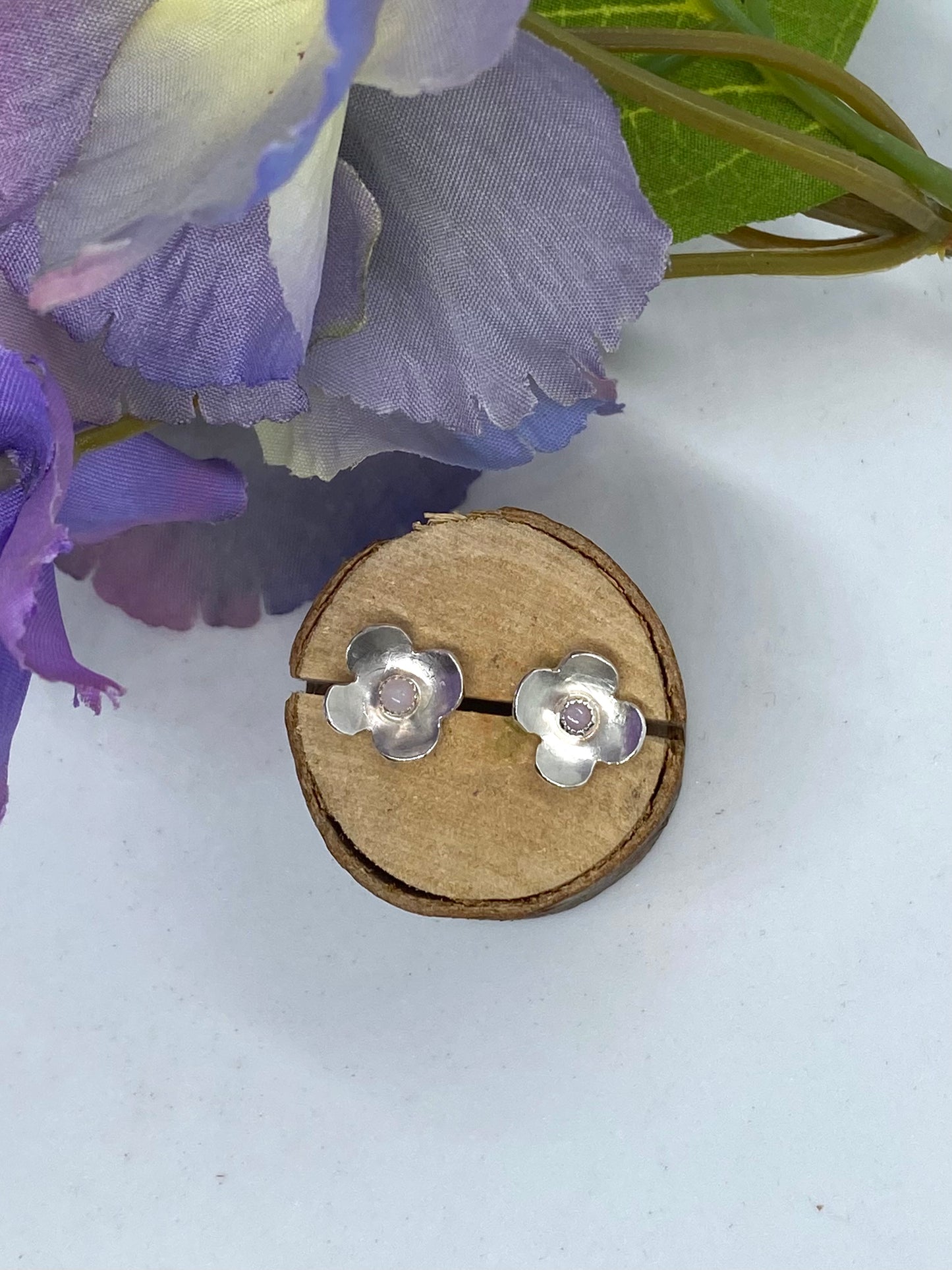 Pink Opal and Sterling silver flower studs