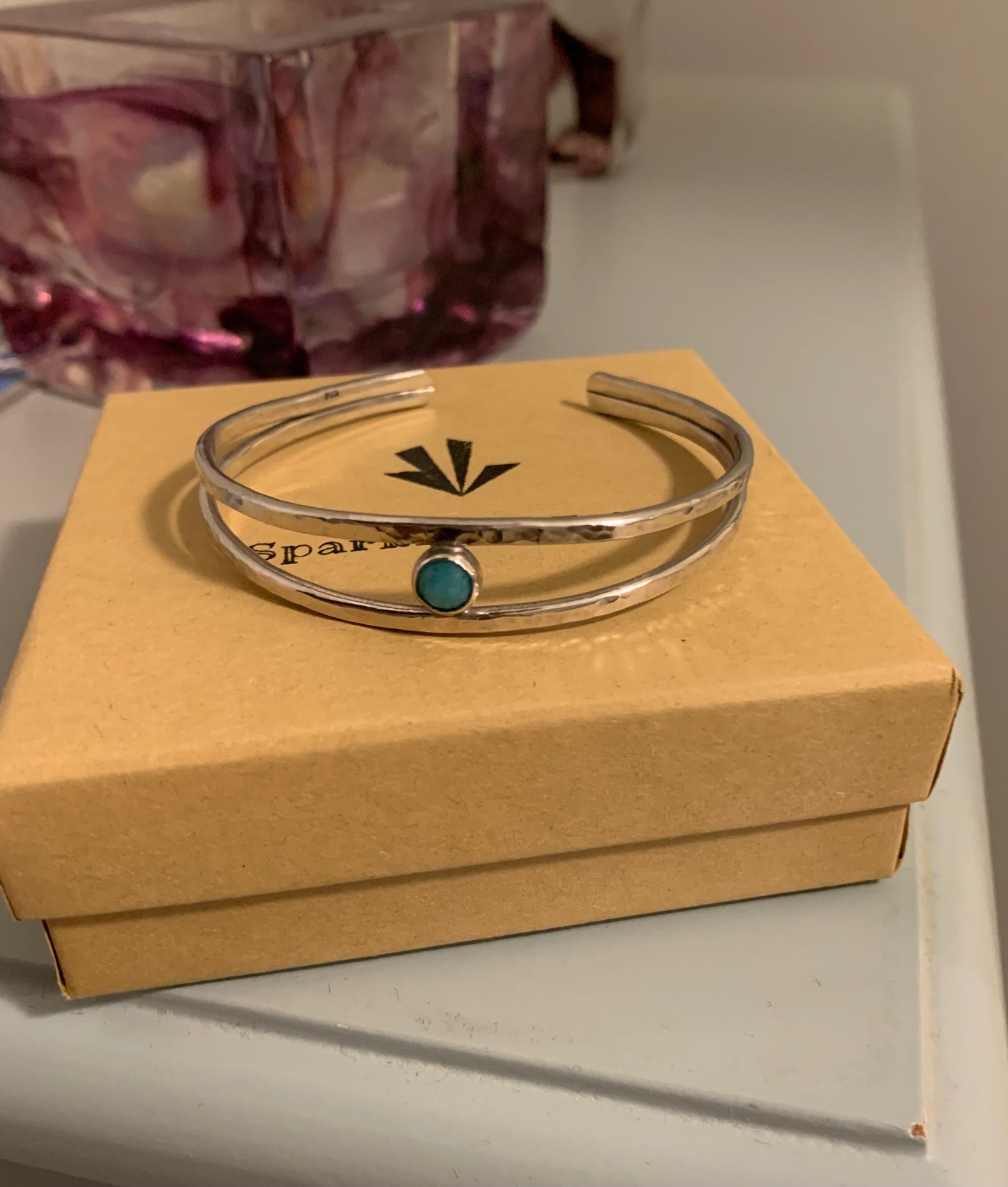 Handmade Gemstone textured sterling silver cuff bangle