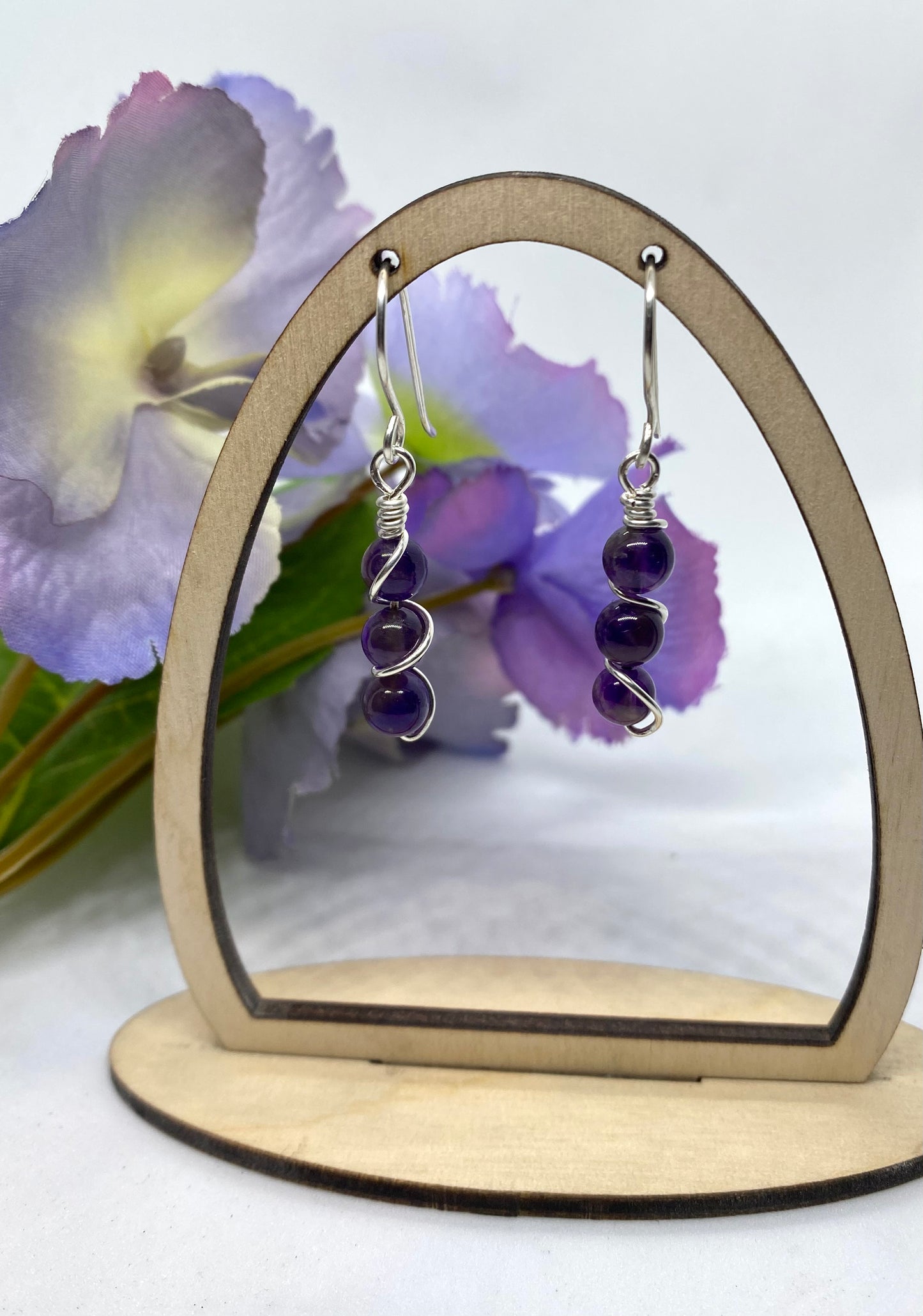 Sterling silver wire wrapped amethyst necklace and earring set