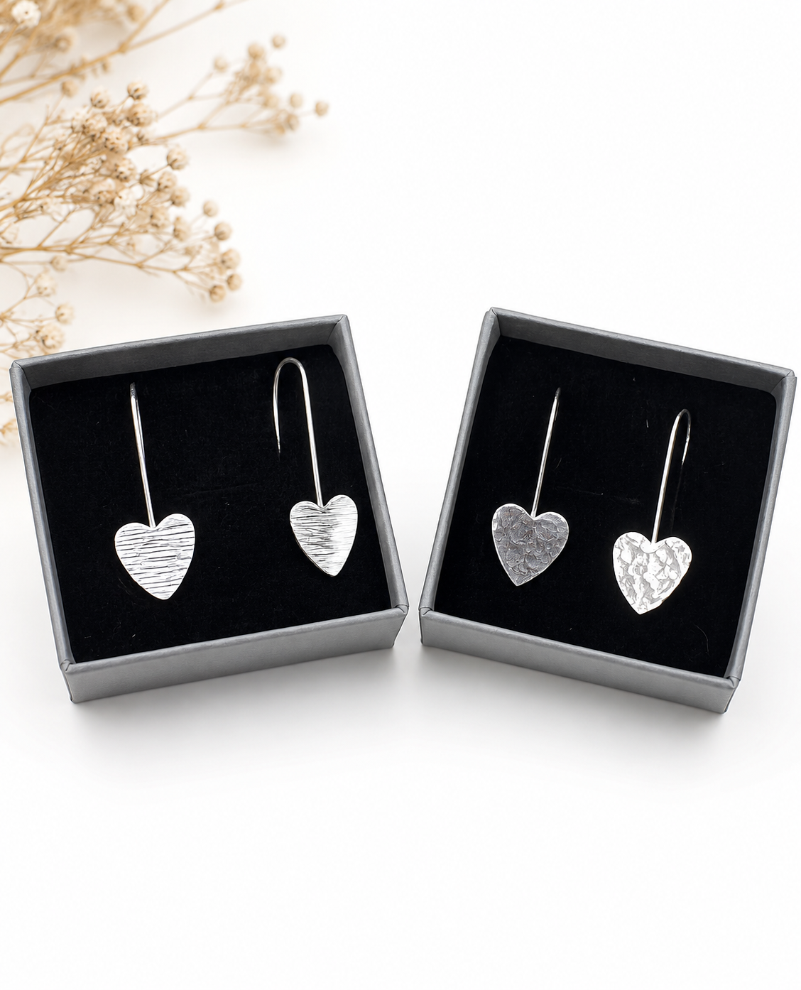 Eco sterling silver drop heart earrings