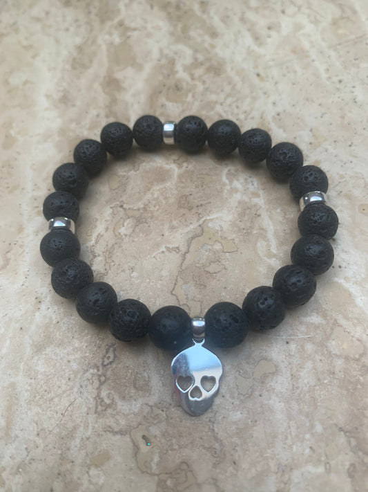 Lava bead and sterling silver skull bracelet