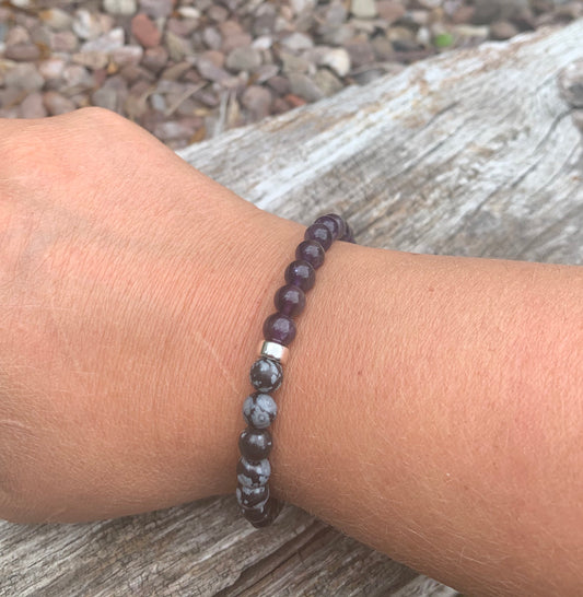 Unisex amethyst and snowflake obsidian beaded bracelet