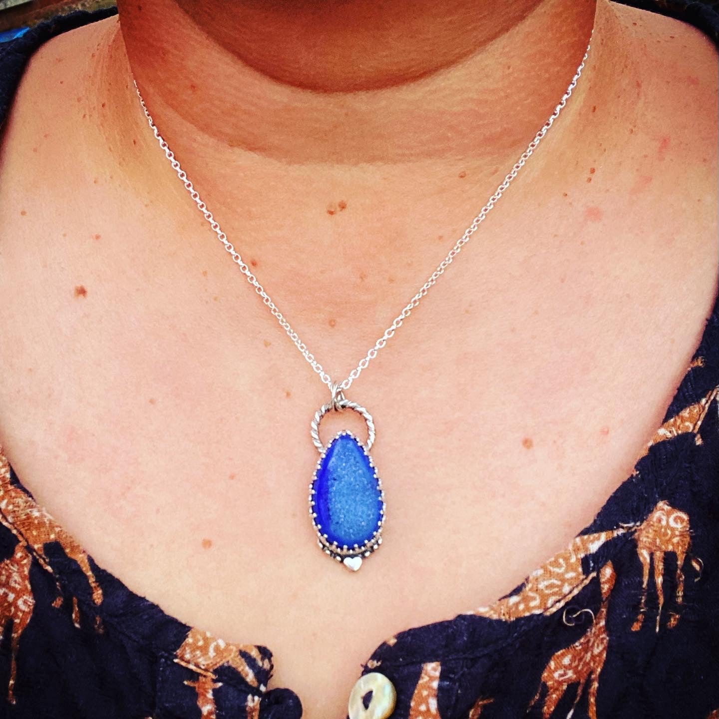 Beautiful blue druzy quartz pendant necklace