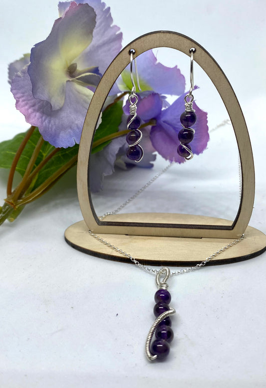 Sterling silver wire wrapped amethyst necklace and earring set