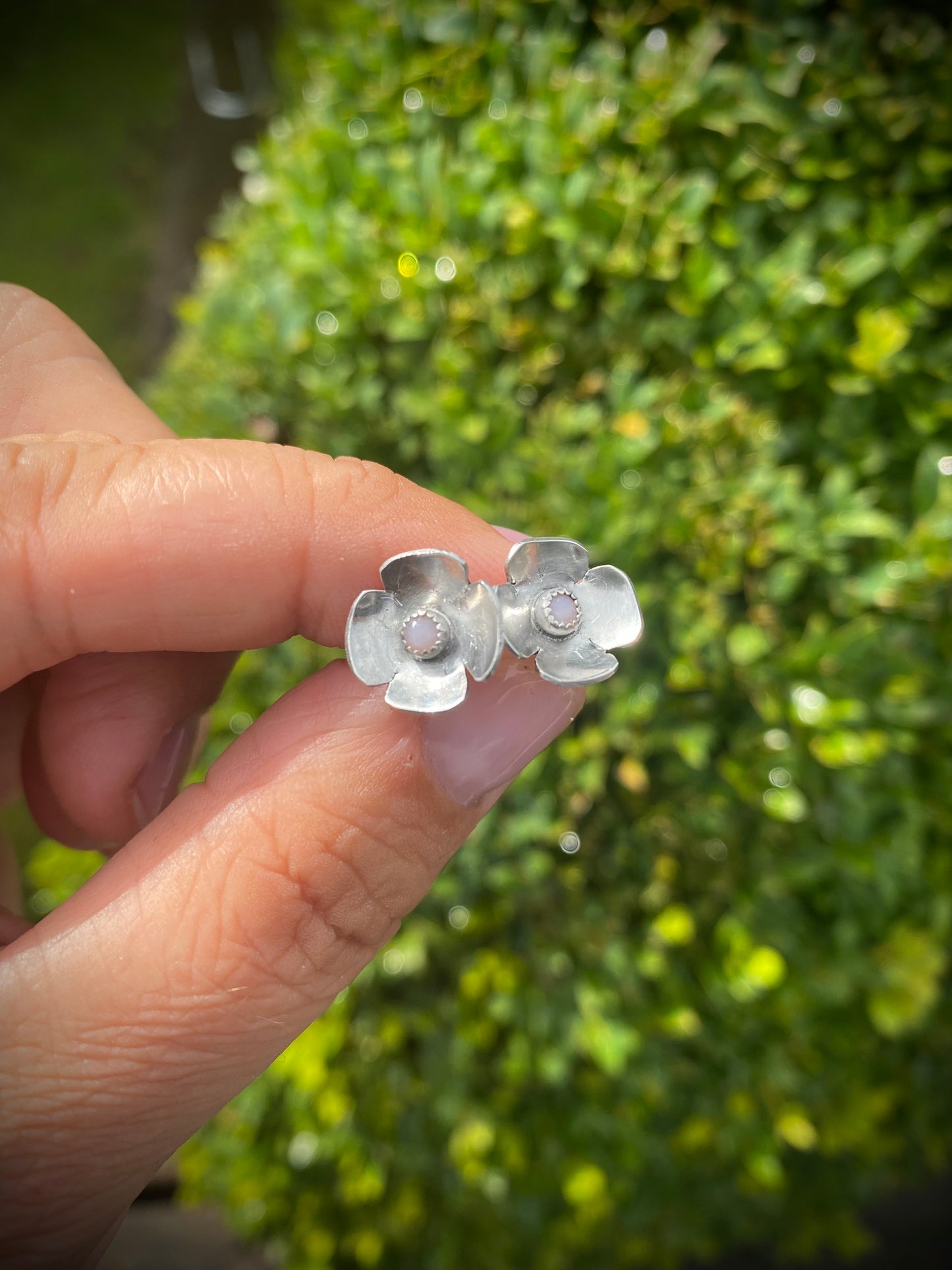 Pink Opal and Sterling silver flower studs
