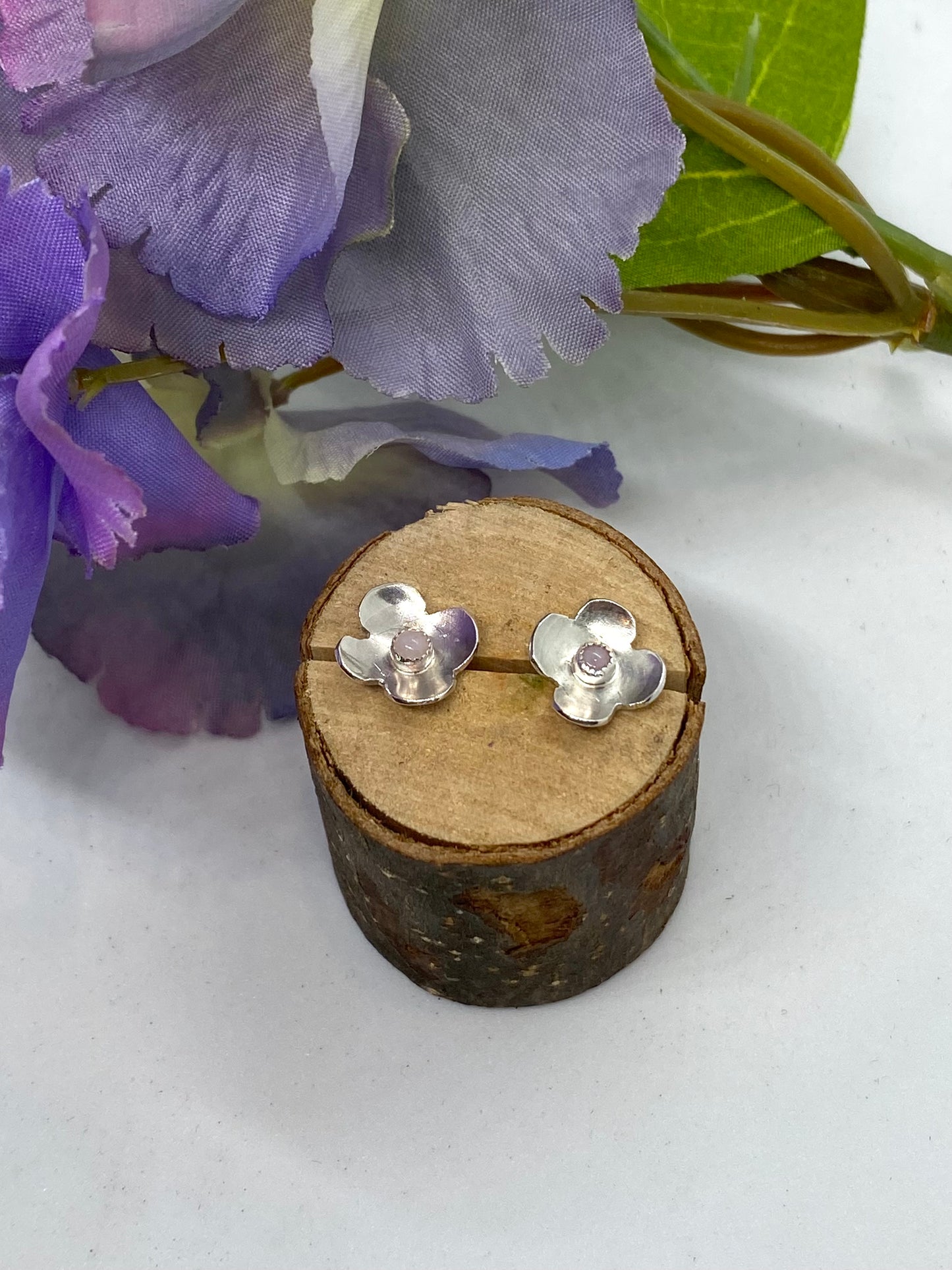 Pink Opal and Sterling silver flower studs